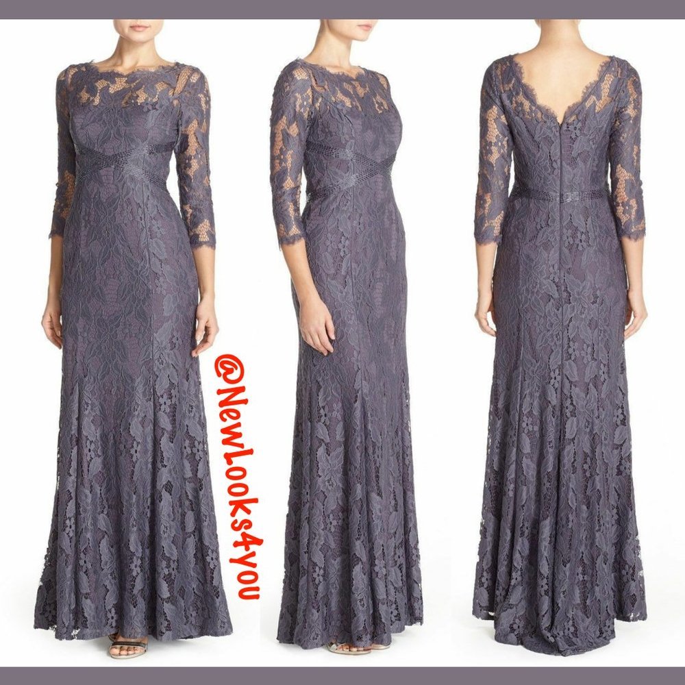 NEW $349 Adrianna Papell Illusion Yoke Lace Gown in‎ Gunmetal [SZ 6 US ]